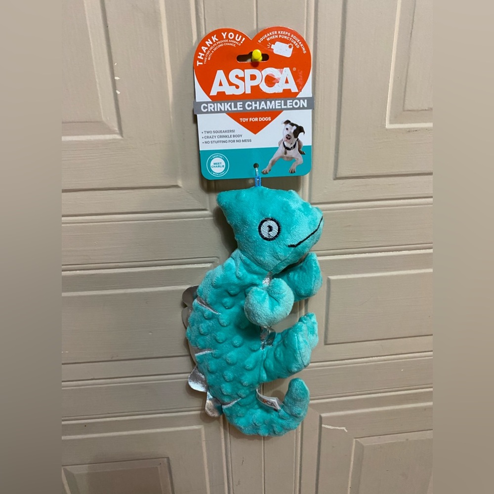 - ASPCA Crinkle Chamaleon Dog Toy With Squeaker.